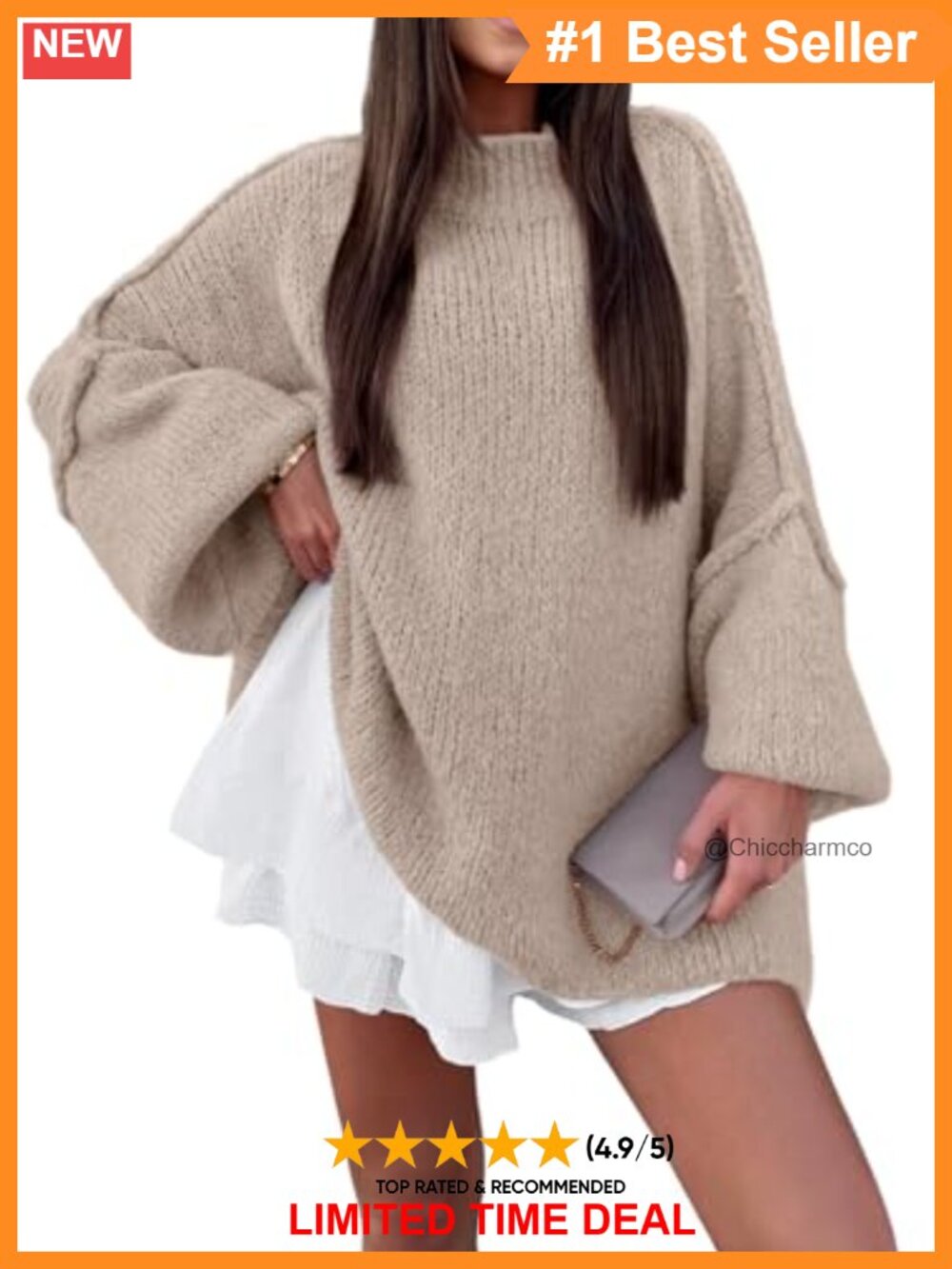 Oversized Mock Neck Batwing Long Sleeve Chunky Knit Pullover Sweater